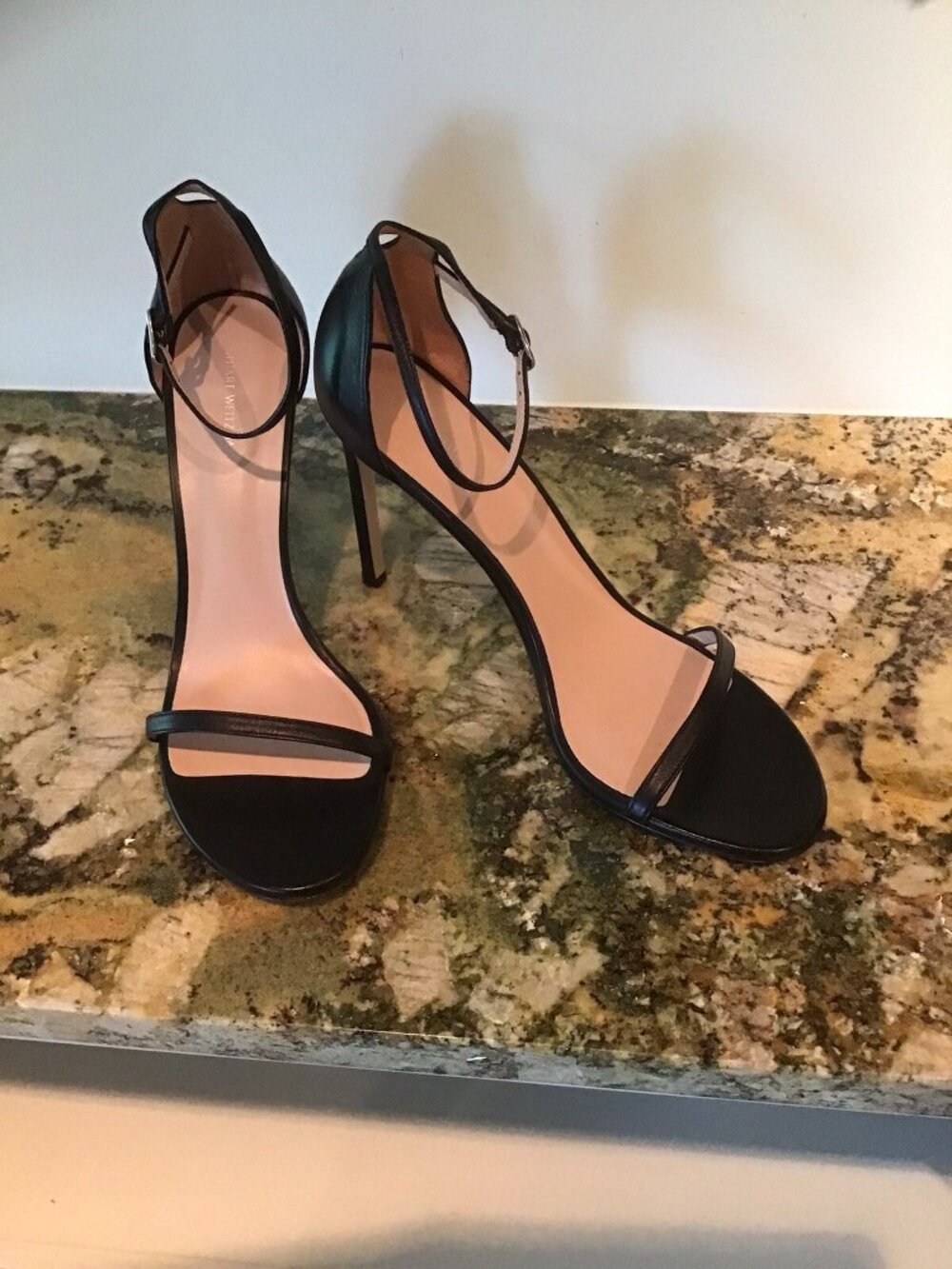 New Stuart Weitzman Black Leather Nudist Ankle Strap 120 Heels